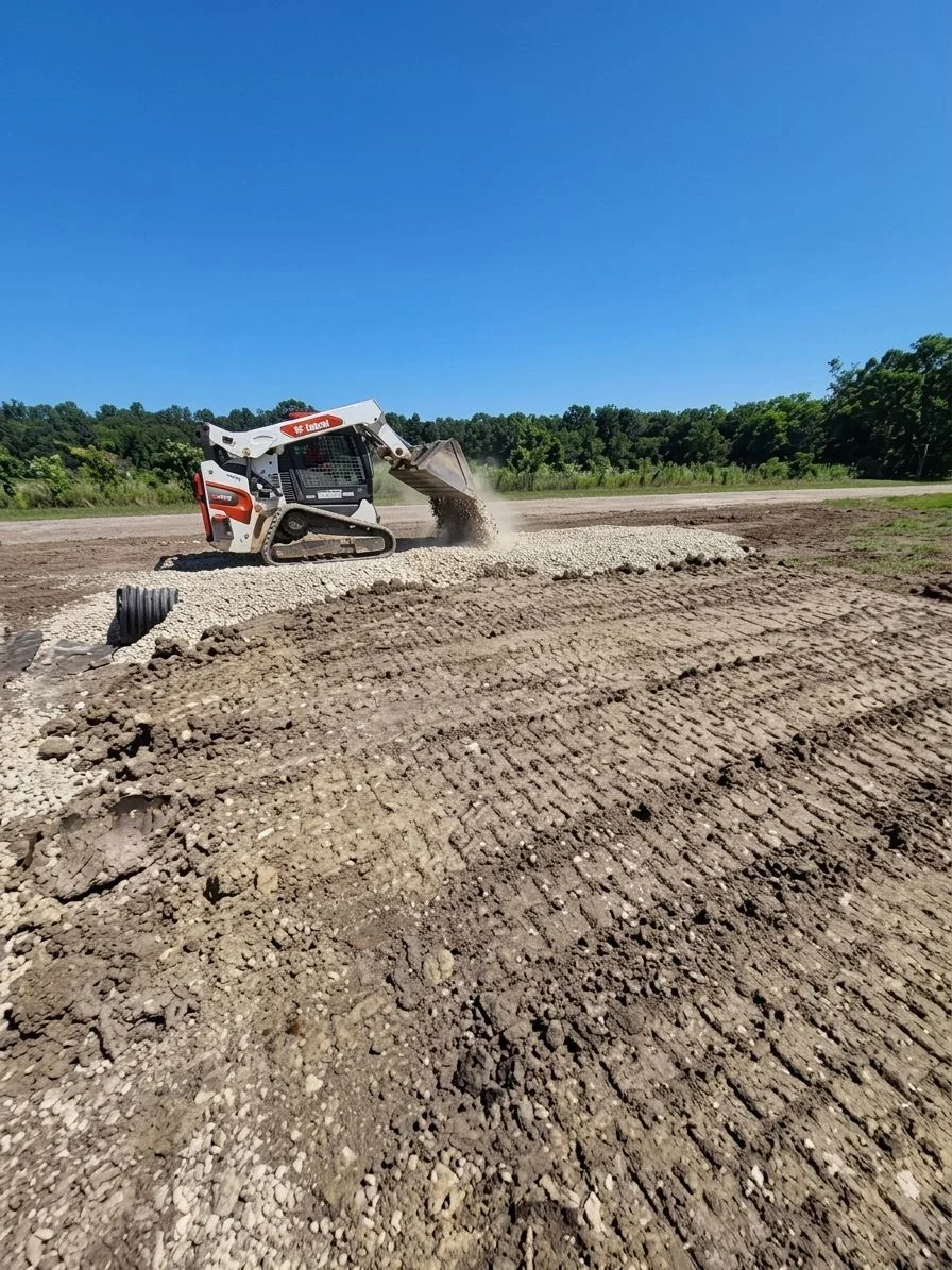 A newly installed pipe culvert running beneath a gravel driveway on a Dallas-area rural property, with compacted soil and clean drainage channel visible on both ends. The surrounding land shows fresh grading work completed as part of an erosion control project.