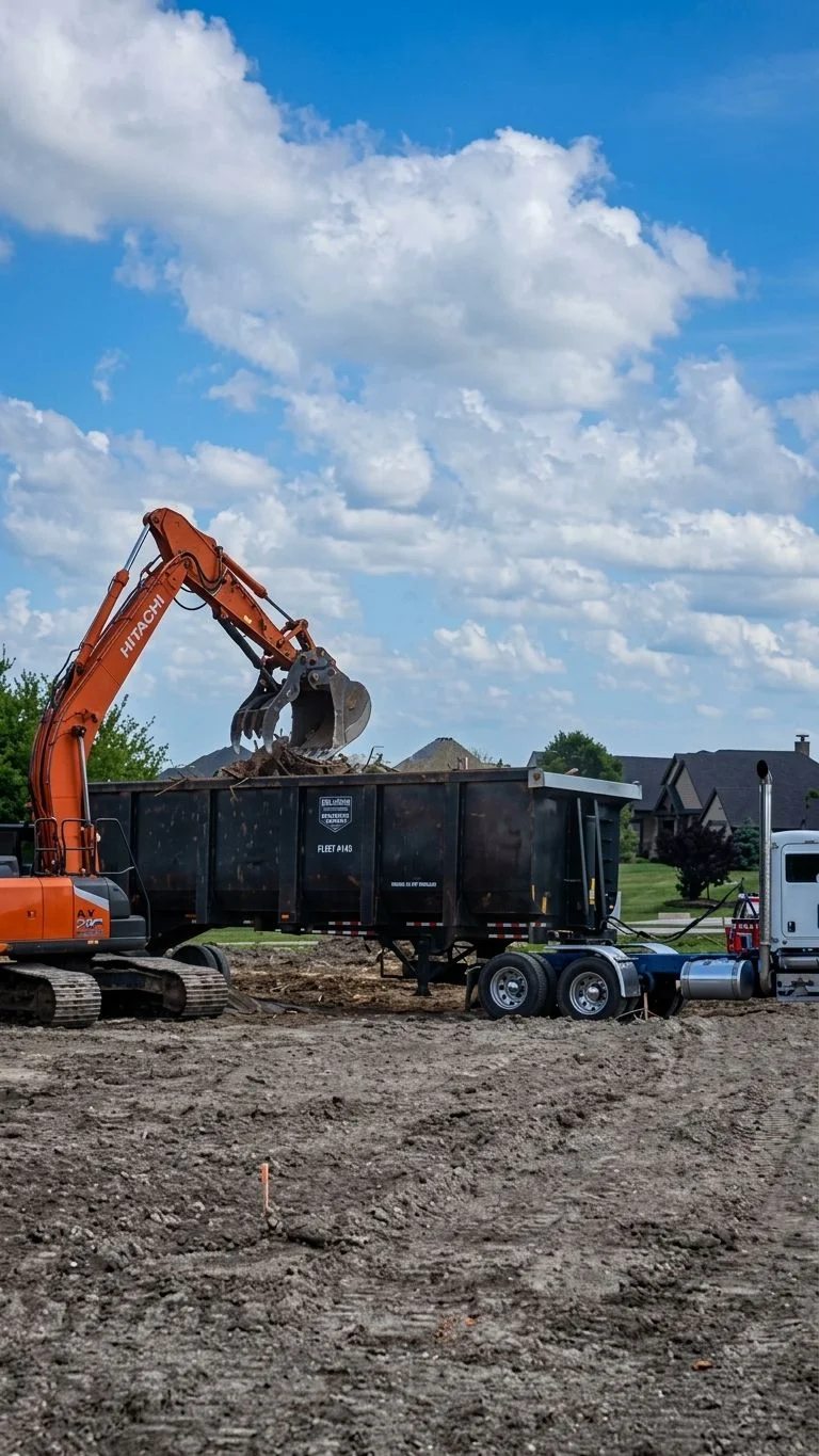 A cleared Dallas demolition site with a loaded debris hauling truck staged beside a concrete slab removal area. Piles of mixed demolition material including broken concrete and lumber are staged for loading by a crew from Patriot Equipment and Landworks.