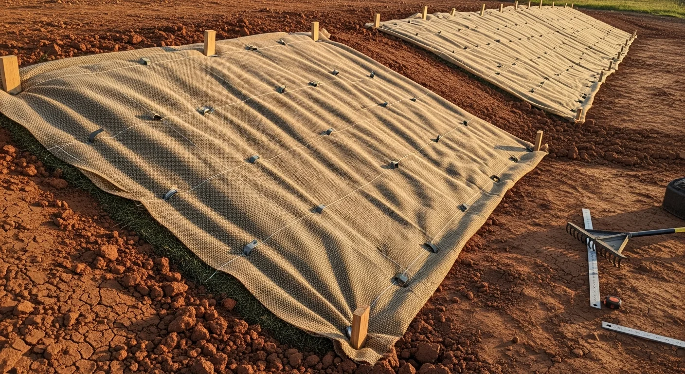 Erosion control blankets rolled out and staked across a graded slope on a Dallas construction site, covering bare clay soil with seed underneath. The blankets run downslope in uniform rows with visible staple anchoring along the edges.
