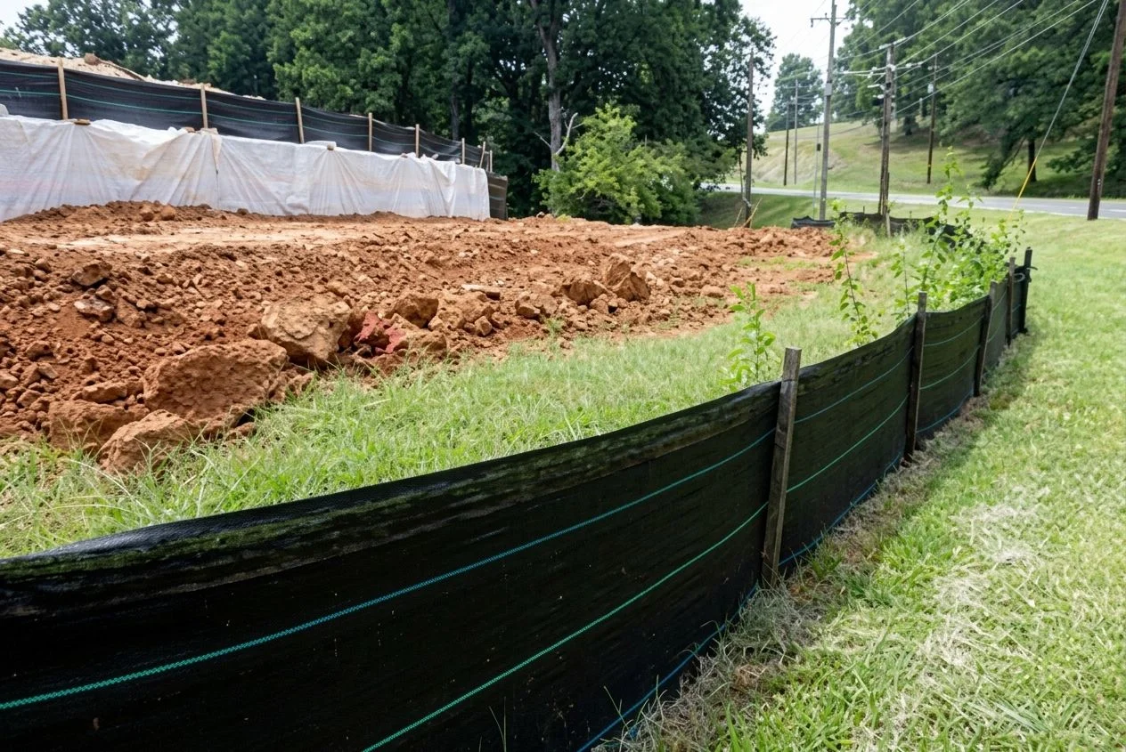 Silt fence installed along a graded slope on a Dallas construction site, with geotextile fabric anchored into clay soil to block sediment runoff. Disturbed earth and active grading equipment visible in the background.