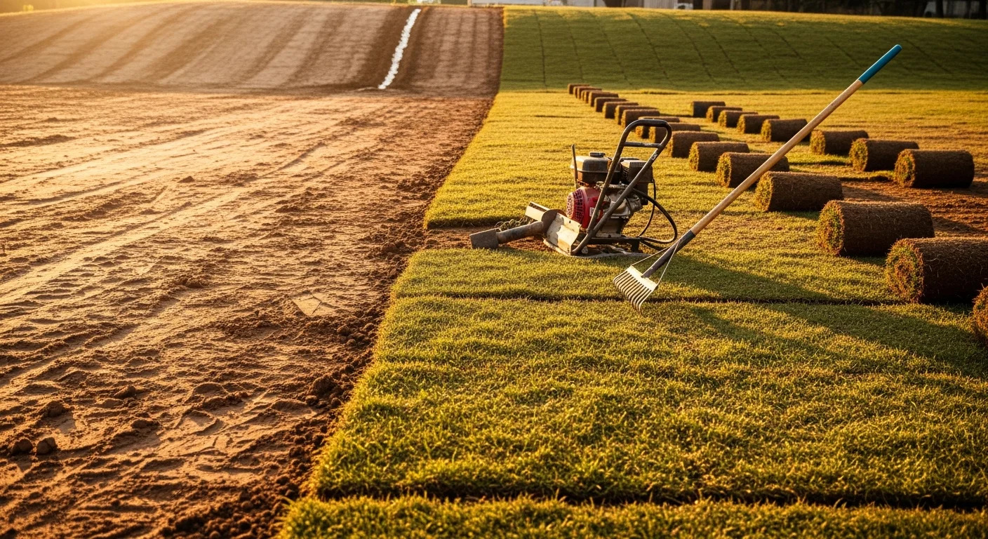 Freshly laid sod covering a graded slope on a Dallas construction site, with uniform green turf replacing previously bare and eroded clay soil. A drainage corridor runs along the lower edge of the stabilized area.